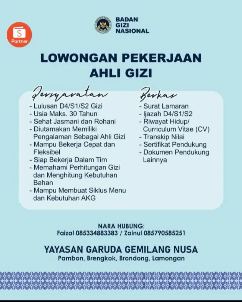 Dibutuhkan karyawan ahli gizi di mbg