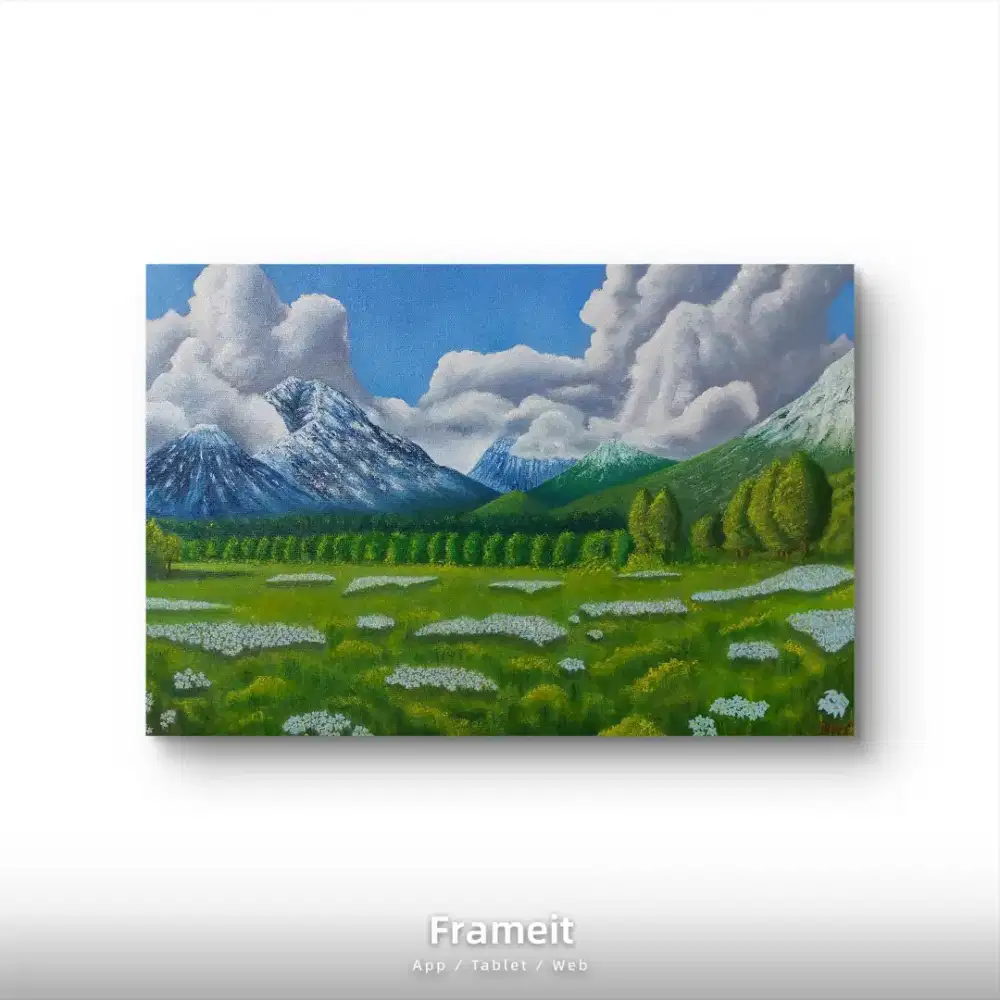 Lukisan Tangan Tema Gunung dan Savana untuk Dekorasi