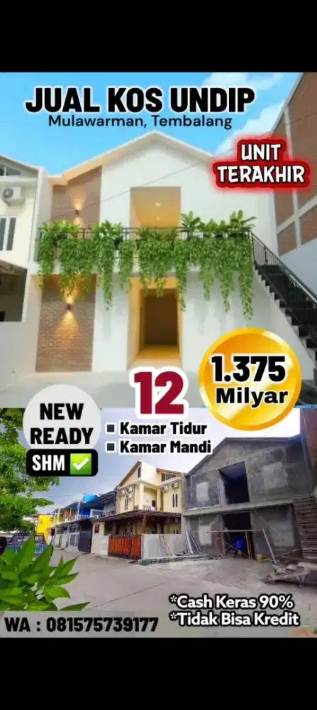 JUAL KOS UNDIP TEMBALANG 12 KAMAR 1.375 MILYAR 1 UNIT TERAKHIR