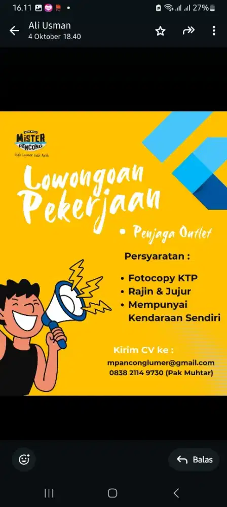 Si butuhkan satu orang kariawan cowo untuk jaga outlet pancong lumer