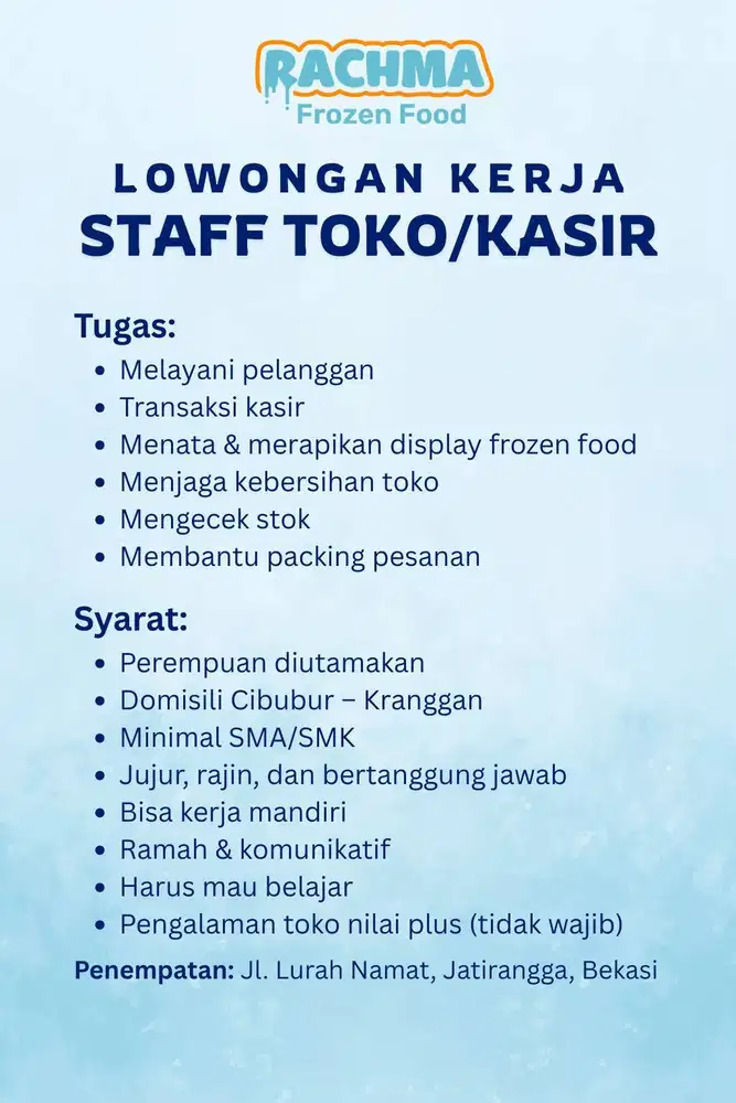Lowongan Staff Frozen Food: Kasir + Bantu Toko