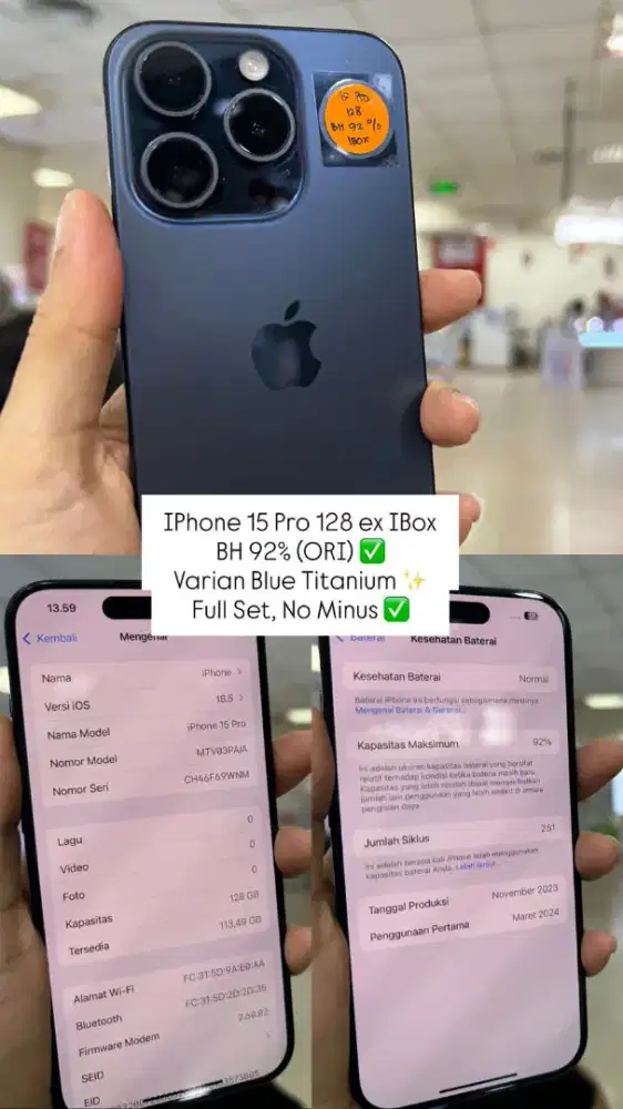 Iphone 15 pro 128 ex Ibox blue titanium BH 92%