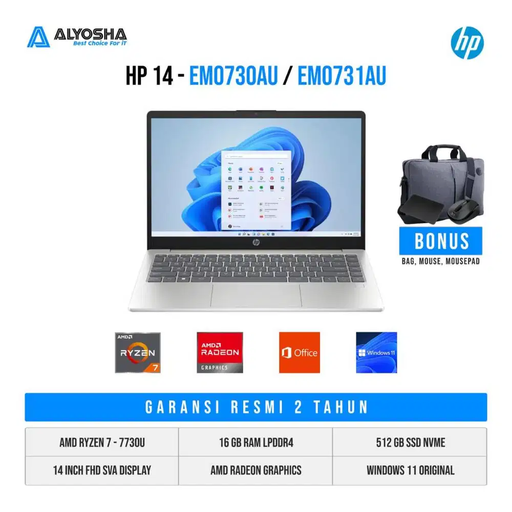 HP 14 EM0730AU / EM0731AU Ryzen 7 7730U 16GB SSD 512GB 14″ W11+OH2024