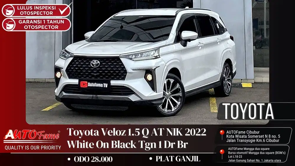Toyota Veloz 1.5 Q AT NIK 2022 White On Black Tgn 1 Dr Br