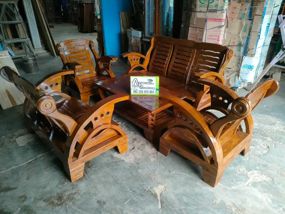 Kursi tamu minimalis becak full kayu jati