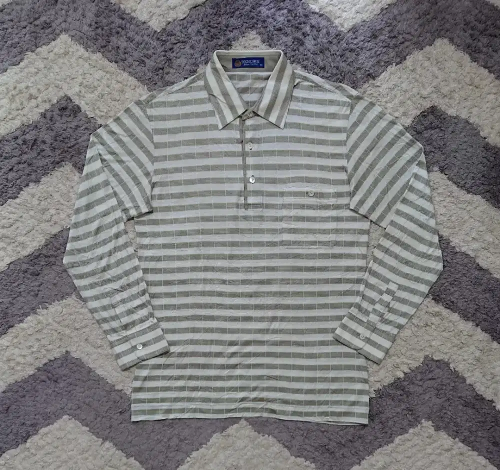 Kaos Kerah Garis Vintage Lengan Panjang Renown Polo Shirt Krem Size M