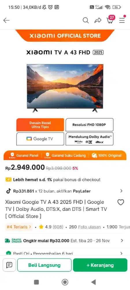 Dijual XIAOMI google TV A43 2025 FHD