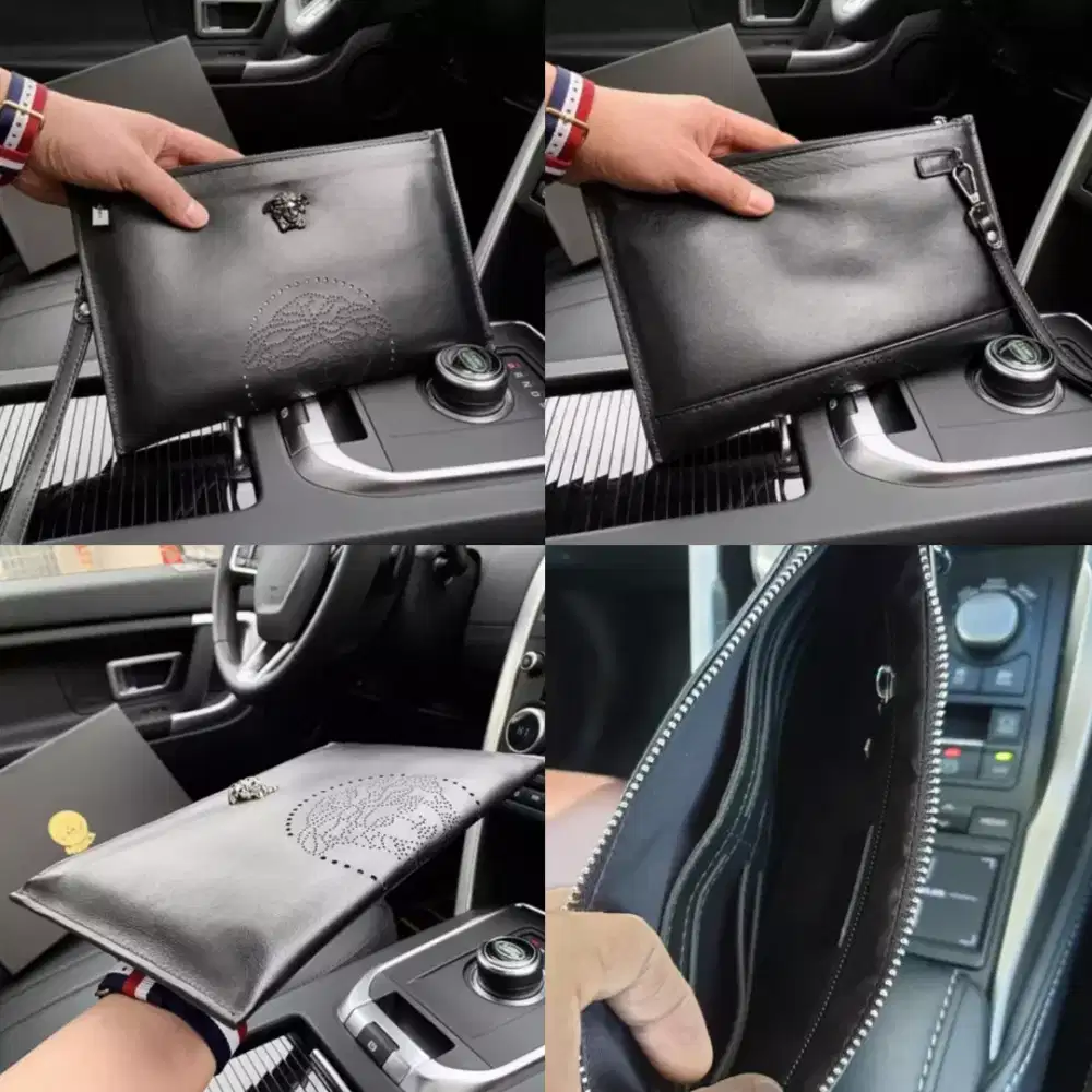 Clutch Versace Black Leather Pouch Handbag Pria