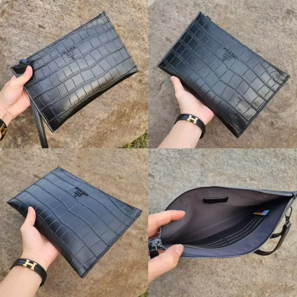 Clutch Prada BLACK Pouch Handbag Pria