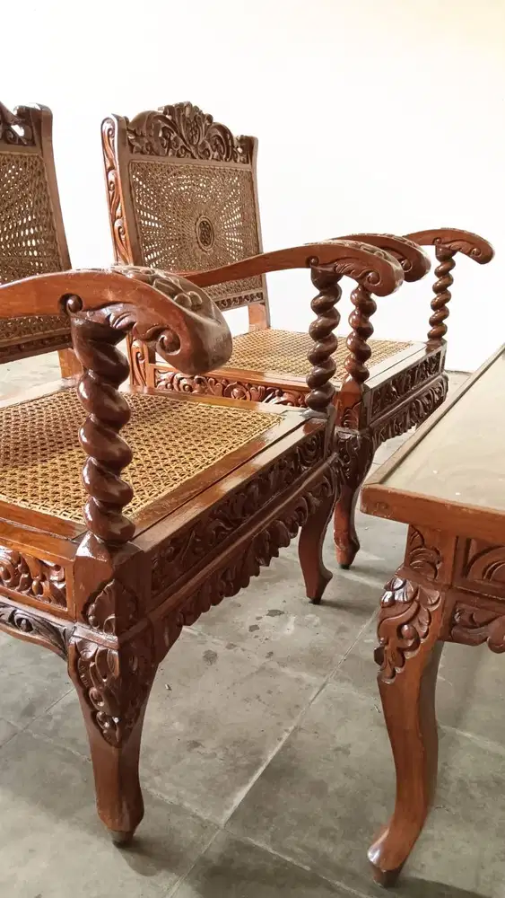 Murah Meja Kursi Tamu Ulir Jati Ukir Rotan Lawas Jadul Kuno Langka