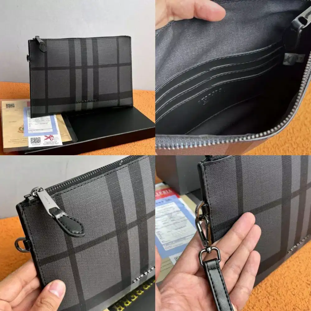 Clutch pria burberry signature canvas leather fullset box