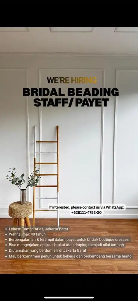 Dibutuhkan TUKANG PAYET Bridal