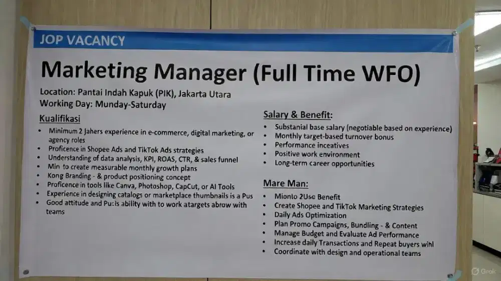 Open Vacancy Position For Marketing Manager