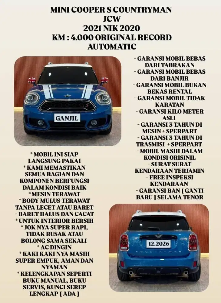 [ KM 4.000 ORIGINAL ] MINI COOPER S COUNTRYMAN JCW 2021 NIK 2020 AT