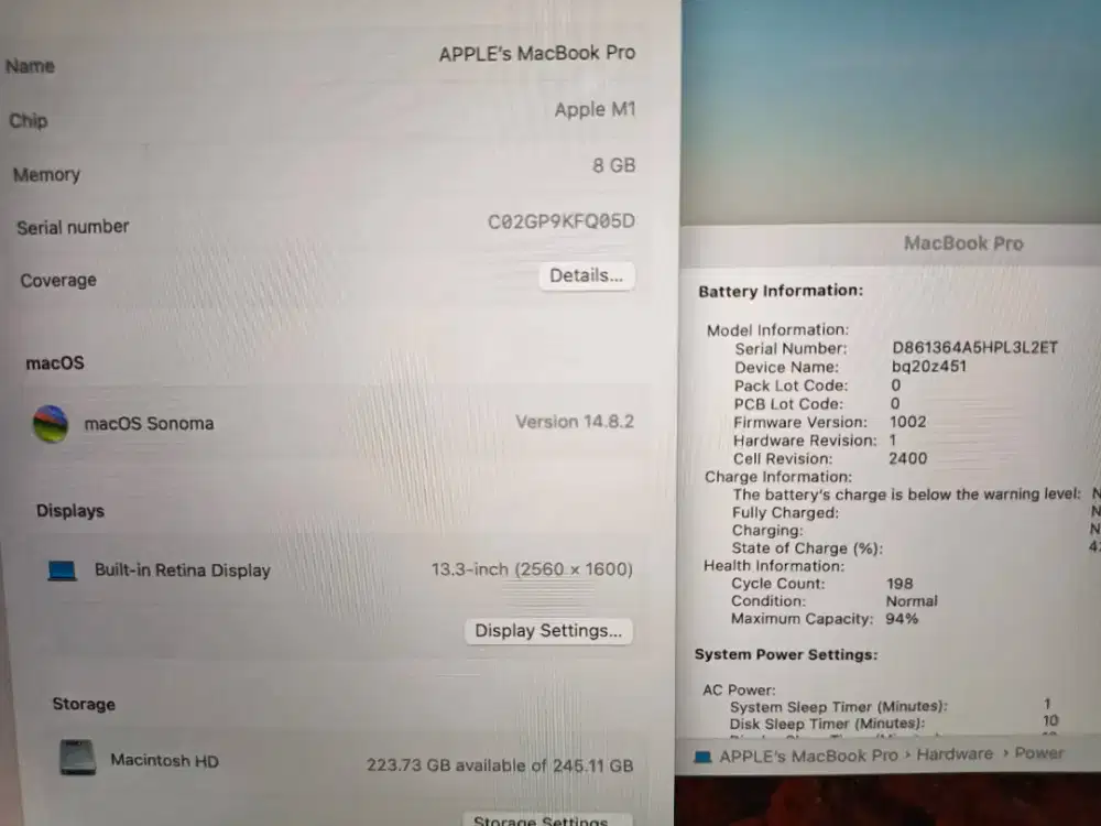 Macbook PRO M1 256gb 8gb 13 retina 2020 bh 94% space grey fungsi 100%