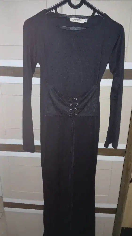 rib knit long black dress