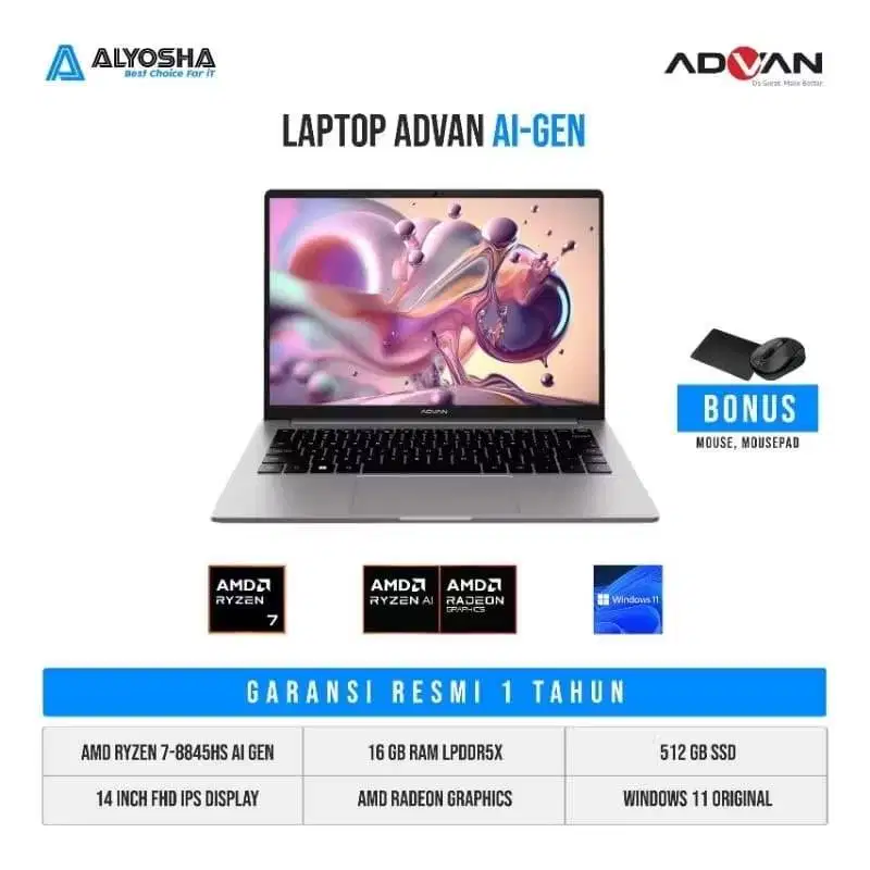 Advan AI Gen /Ryzen 7-8845HS/16GB/512GB SSD/14″ FHD IPS/Win 11 Home