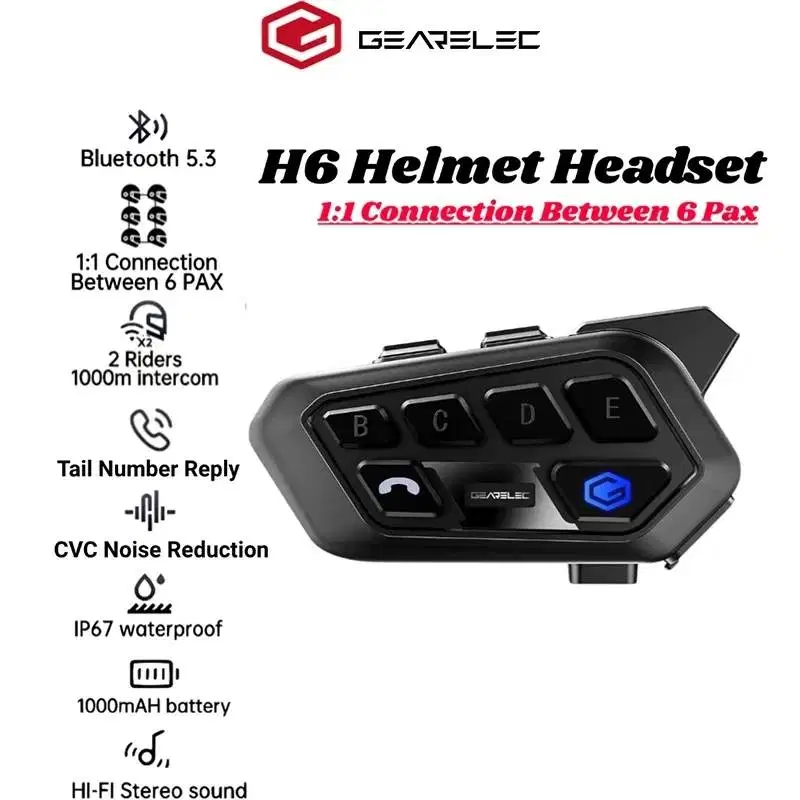 Intercom Helm GEARELEC H6 Bluetooth Headset 6 Riders Connection 1000 M