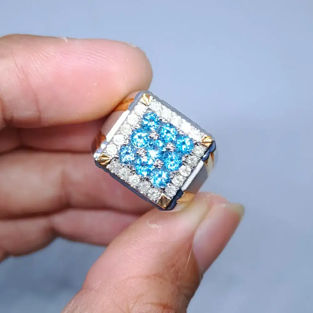 Cincin pria berlian asli blue topaz