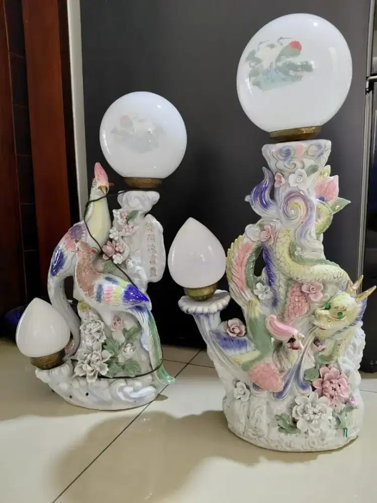 Lampu Meja Porselen China Lawasan (Set 2 Pcs) | Motif Dragon & Phoenix