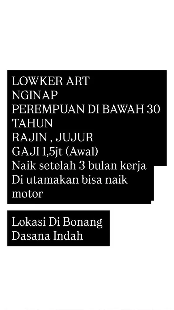 LOWONGAN KERJA WANITA ART ( Asisten Rumah Tangga)