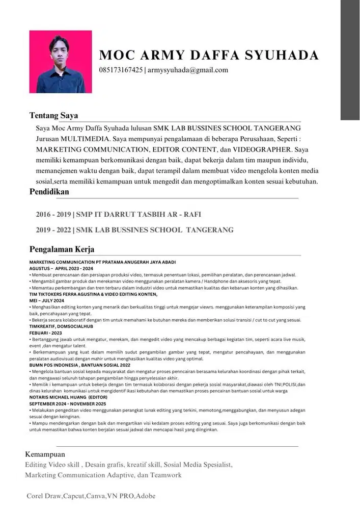 Mencari pekerjaan  Editor video Content / Videographer