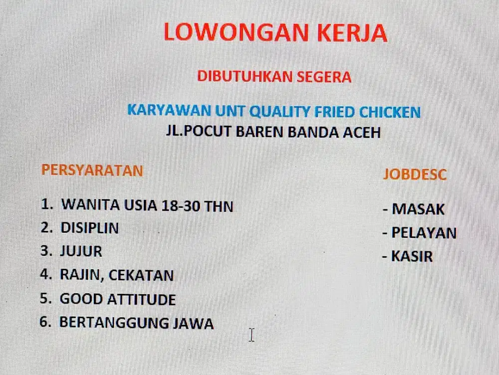 Dibutuhkan SEGERA