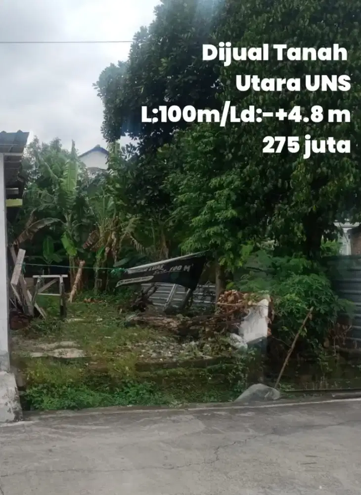 Dijual Tanah Utara UNS L:100m