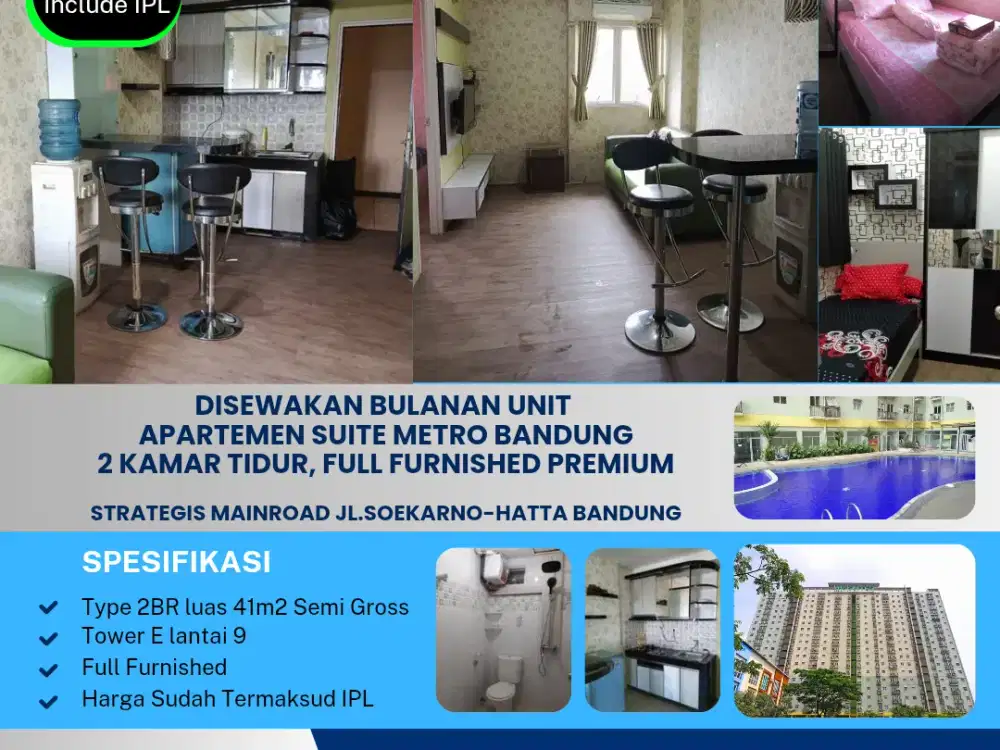 Disewakan bulanan unit 
apartemen Suite Metro Bandung
2 Kamar Tidur ( 41m2 Semigross ), full furnished