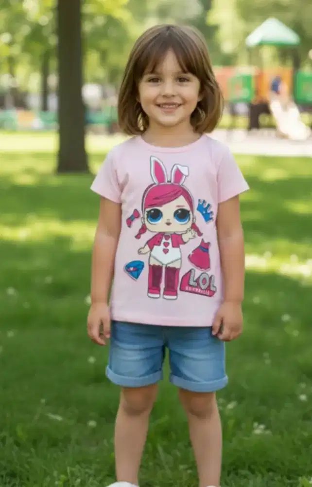 Kaos katun anak perempuan LOL pink