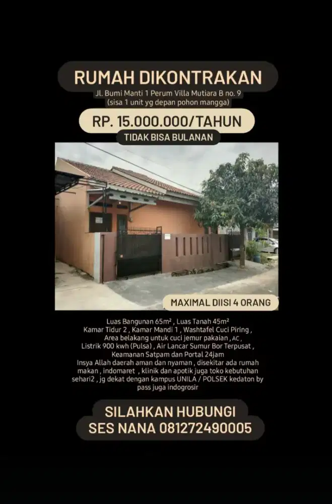 RUMAH DISEWAKAN UNILA RAJABASA LAMPUNG
