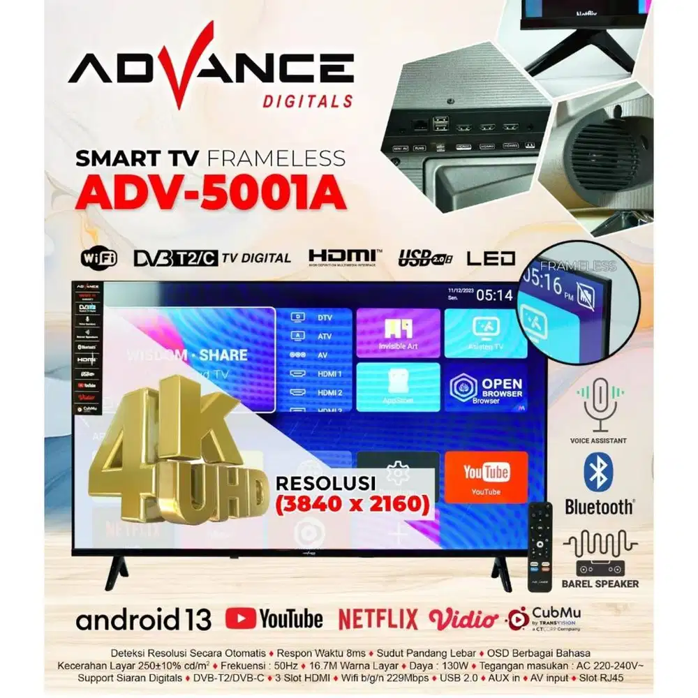 Advance Android 13 Smart TV Frameless 50 inch ADV 5001A Television Di