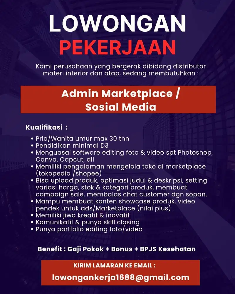 LOWONGAN KERJA ADMIN MARKETPLACE SOSMED