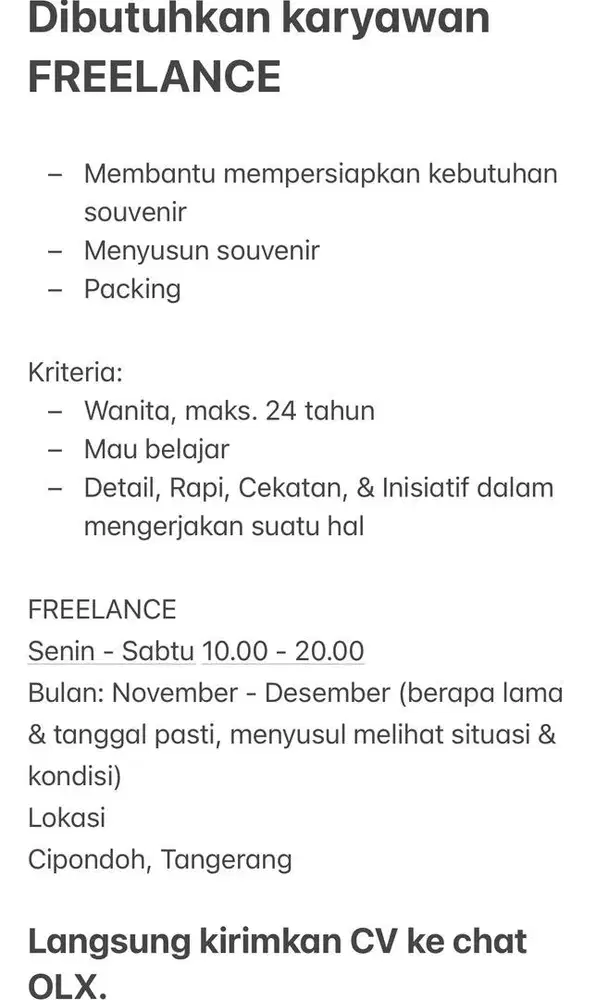 Dibutuhkan Karyawan Freelance Perempuan