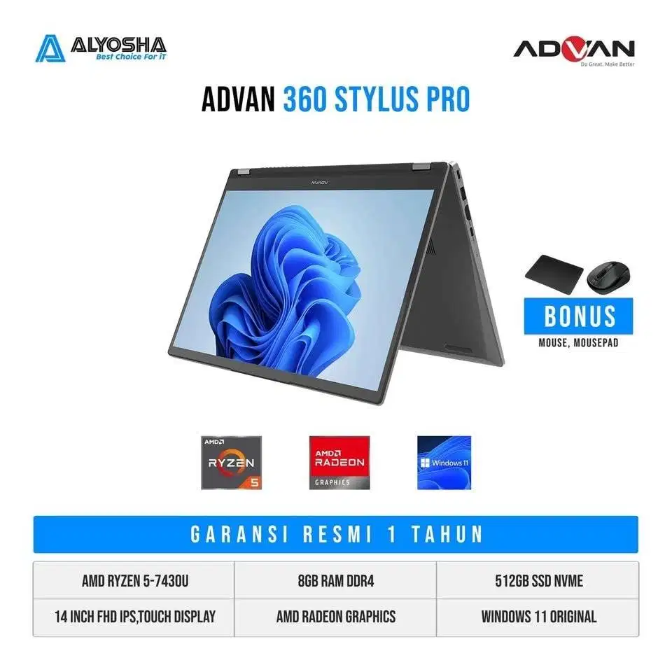 Advan 360 Stylush Pro R5 Touch AMD Ryzen 5 7430U 8GB SSD 512GB 14″ FHD