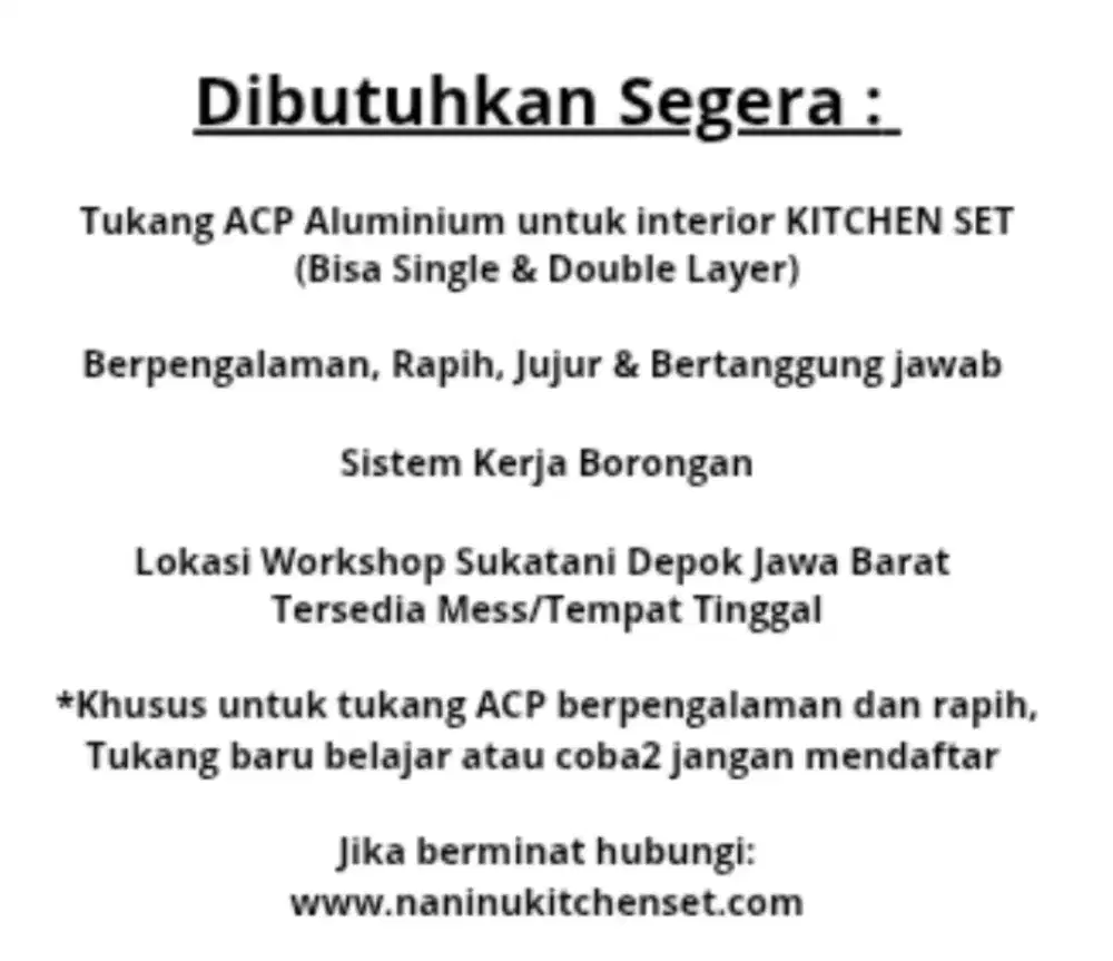 Dibutuhkan Aplikator Tukang Aluminium ACP - Kitchen Set dan Interior