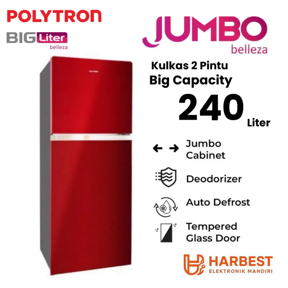 POLYTRON Kulkas 2 Pintu JUMBO Belleza 240 Liter Tempered Glass Design