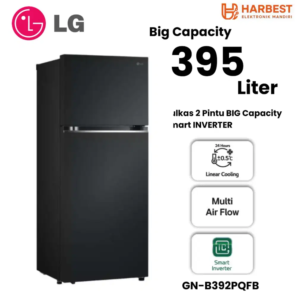 LG Kulkas 2 Pintu JUMBO 395 Liter GNB-392PQFBSmart INVERTER MultiFlow