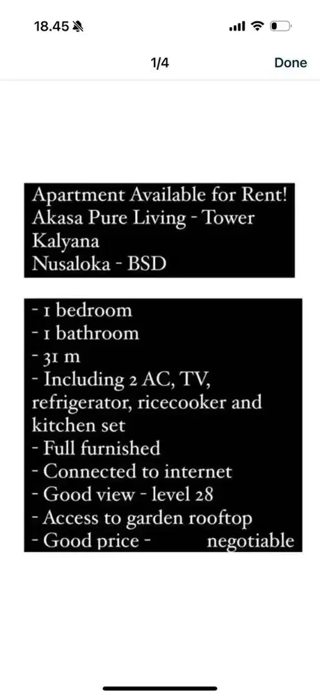 Disewakan Apart BSD 1BR - akasa pure living