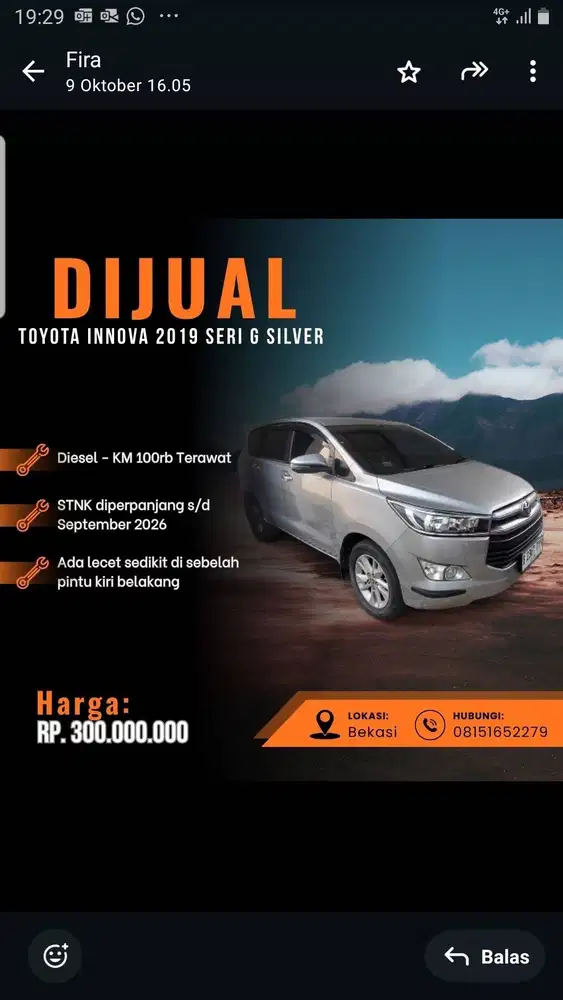 Jual toyota kijang innova tipe G diesel  AT 2019 silver
