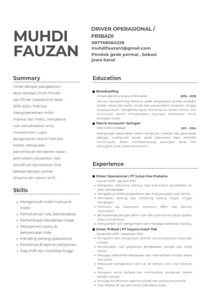 Driver pribadi | operasional kantor | dan logistik