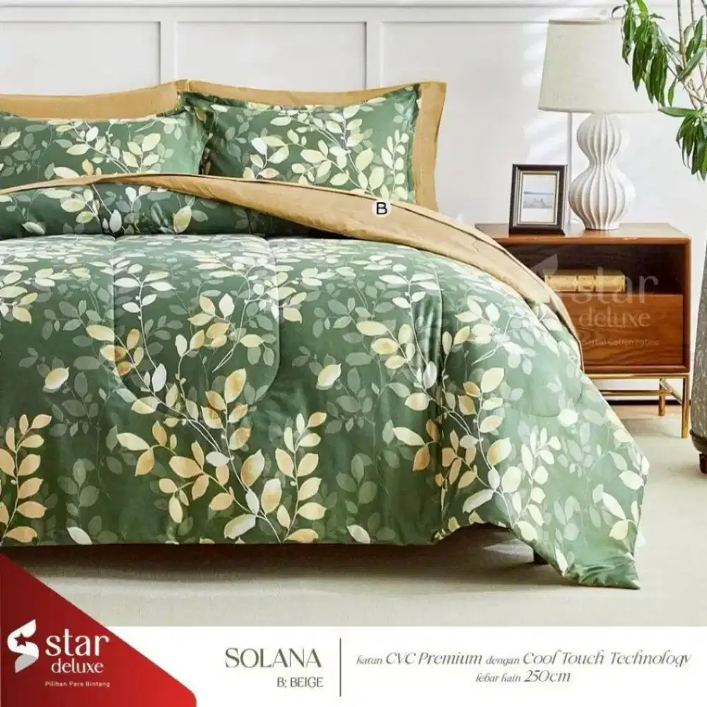 Seprai set bedcover katun premium daun hijau