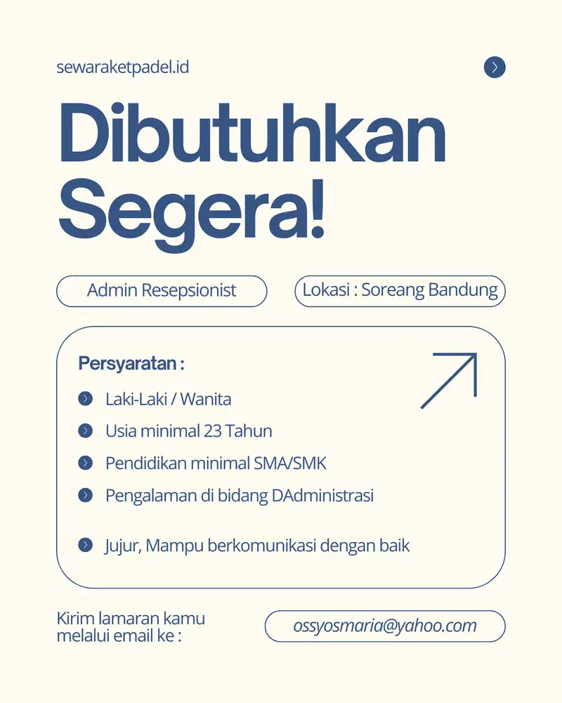 DICARI ADMIN RESEPSIONIST - SOREANG BANDUNG