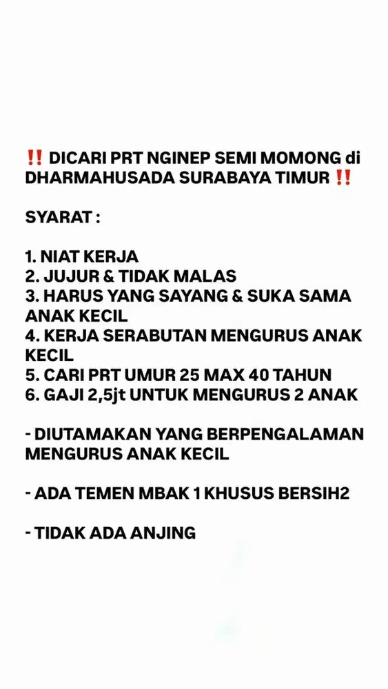 ‼️ DICARI PRT NGINEP SEMI MOMONG di DHARMAHUSADA SURABAYA TIMUR ‼️