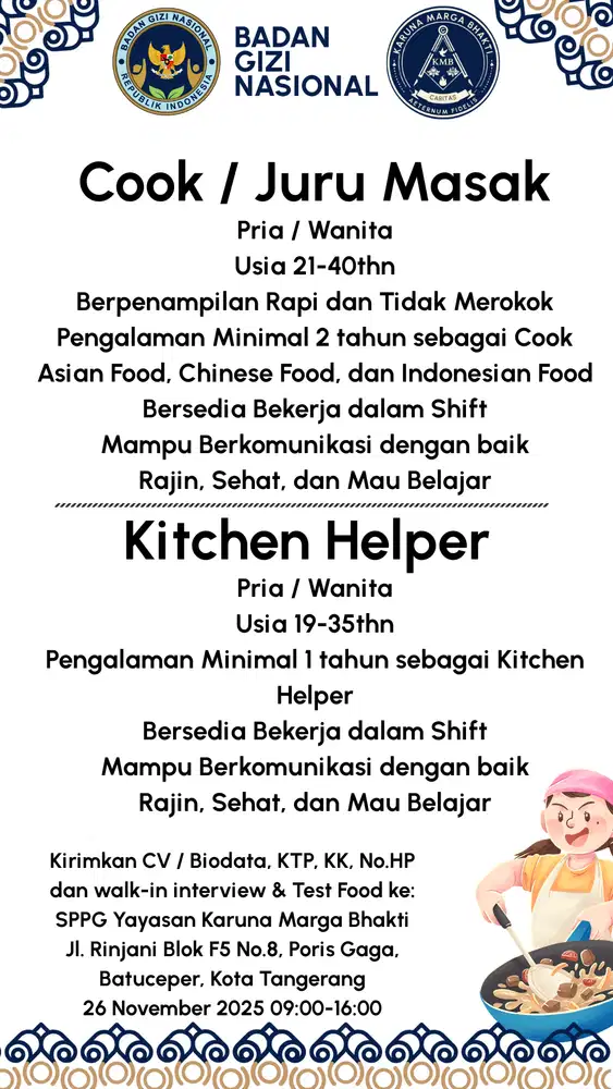 Lowongan Kerja Juru Masak dan Kitchen Helper