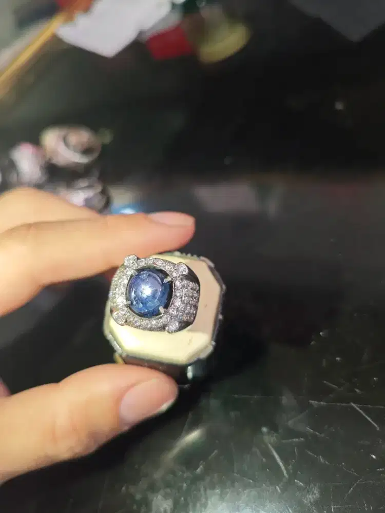 Cincin Eropa Perak Blue Star Sapphire Safir Biru Bintang