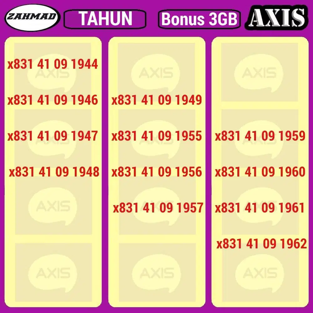 AXIS-Tahun) NOCAN AXIS Seri Tahun kartu perdana nomor cantik rapi mura