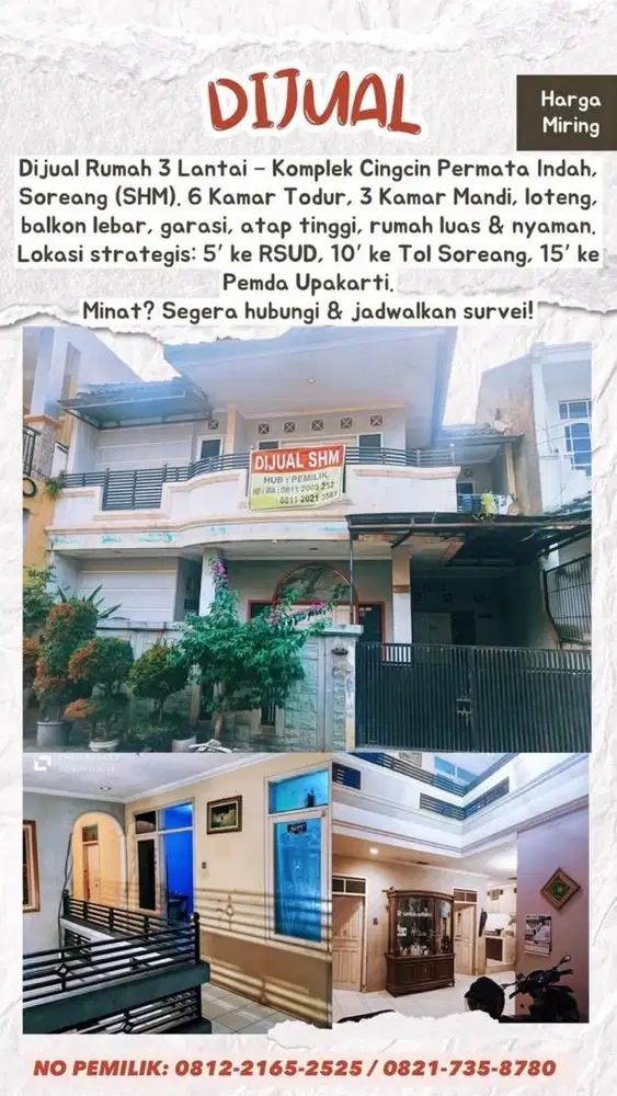 JUAL MURAH RUMAH 3 LANTAI KOMP CINGCIN PERMATA INDAH SOREANG