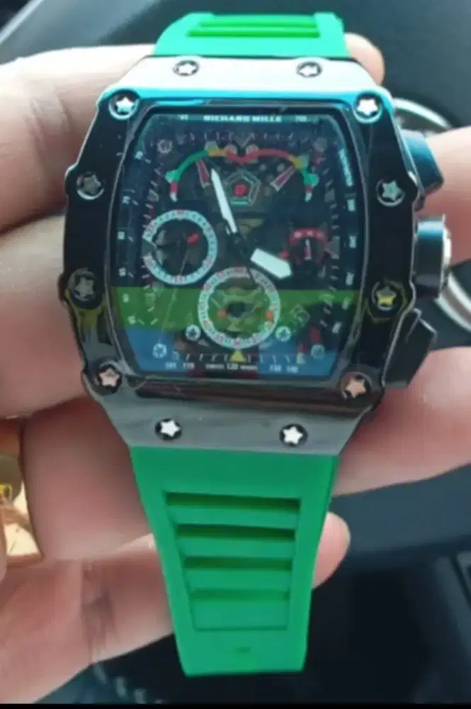 Jam Richard Mille black rubber green crono aktif ada stopwatch 500