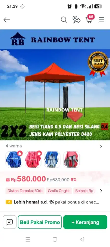 Dijual 1 unit tenda tahan air ukuran 2x2